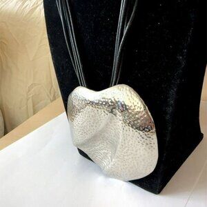 Hammered Silver Tone Pendant Black Leather Cord Necklace